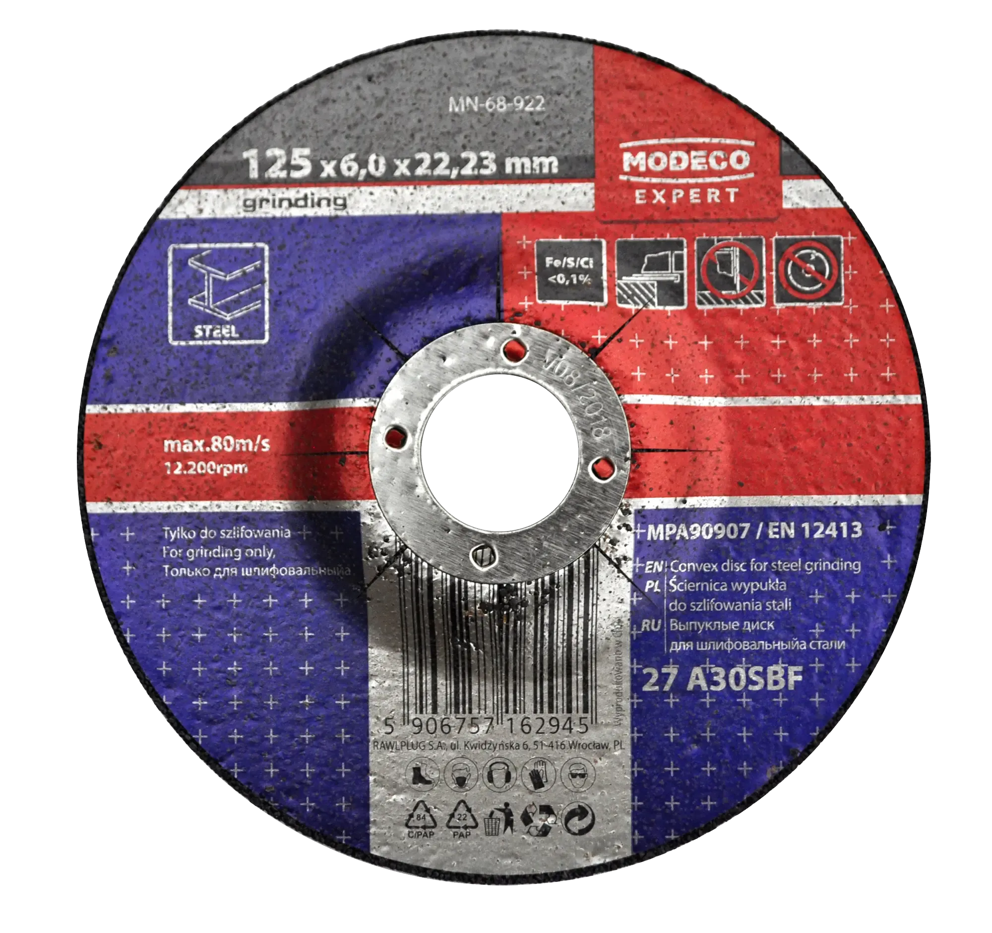 Šlifavimo diskas metalui šlifuoti 125 × 6,0 × 22,23 mm išgaubtas – kartoninė dėžė – 25 vnt.