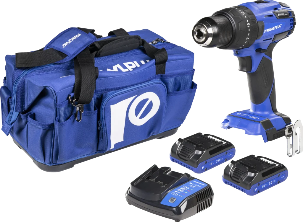 18 V RawlDRIVER 60 Nm gręžimo atsuktuvas, du 2 Ah akumuliatoriai, 1,5 Įkroviklis Rawlplug įrankių krepšyje – etiketė – 1 vnt.