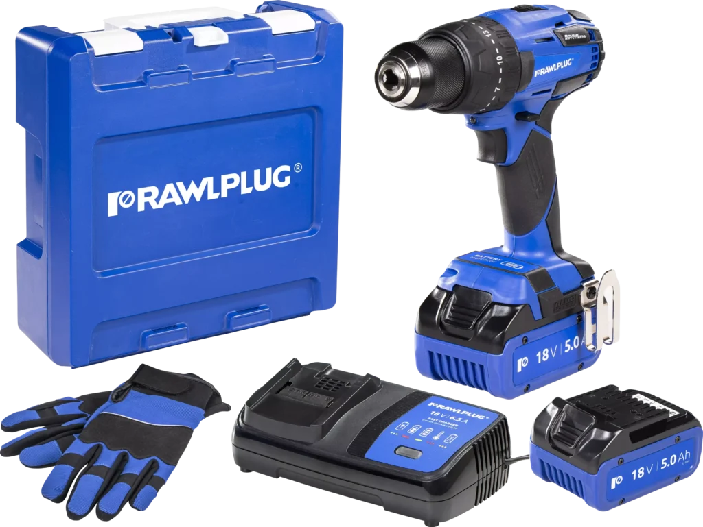 18 V RawlDRIVER Gręžtuvas/suktuvas 60 Nm 2 akumuliatoriai 5,0 Ah įkroviklis 6,5 A dėklas RawlCASE – plastikinis lagaminėlis – 1 vnt.