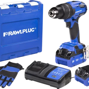 18 V RawlDRIVER Gręžtuvas/suktuvas 60 Nm 2 akumuliatoriai 5,0 Ah įkroviklis 6,5 A dėklas RawlCASE – plastikinis lagaminėlis – 1 vnt.