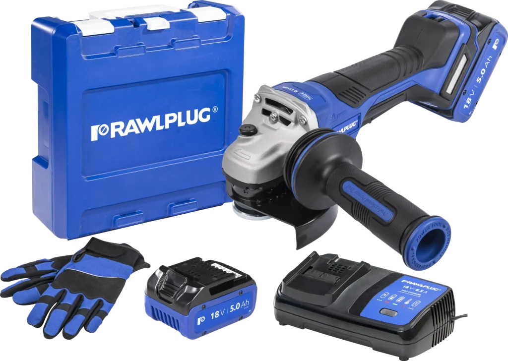 18 V RawlGRINDER 125 mm Kampinis šlifuoklis su mentele ir greičio reguliavimu. Rinkinys su RawlCASE, 2 akumuliatoriais 5.0 Ah ir 6.5 A RawlCHARGER – plastikinis lagaminėlis – 1 vnt.