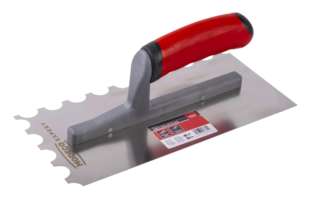 Nerūdijančio plieno mentele 130 × 270 mm U dantukas R10 mm 2k – etiketė – 1 vnt.