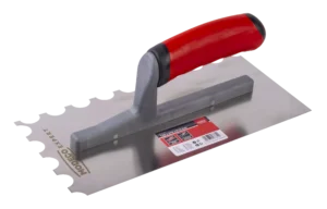 Nerūdijančio plieno mentele 130 × 270 mm U dantukas R10 mm 2k – etiketė – 1 vnt.