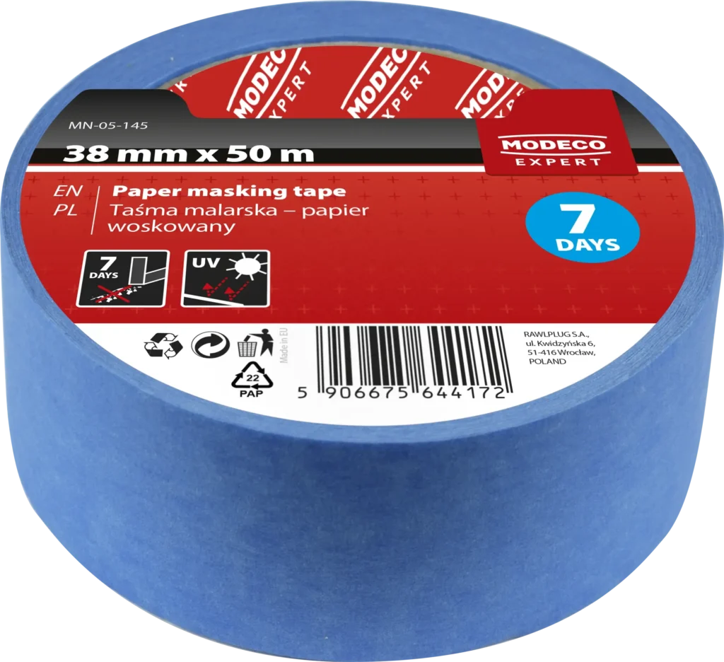 Mėlyna maskavimo juosta 38 mm x 50m UV apsaugo – etiketė – 1 vnt.
