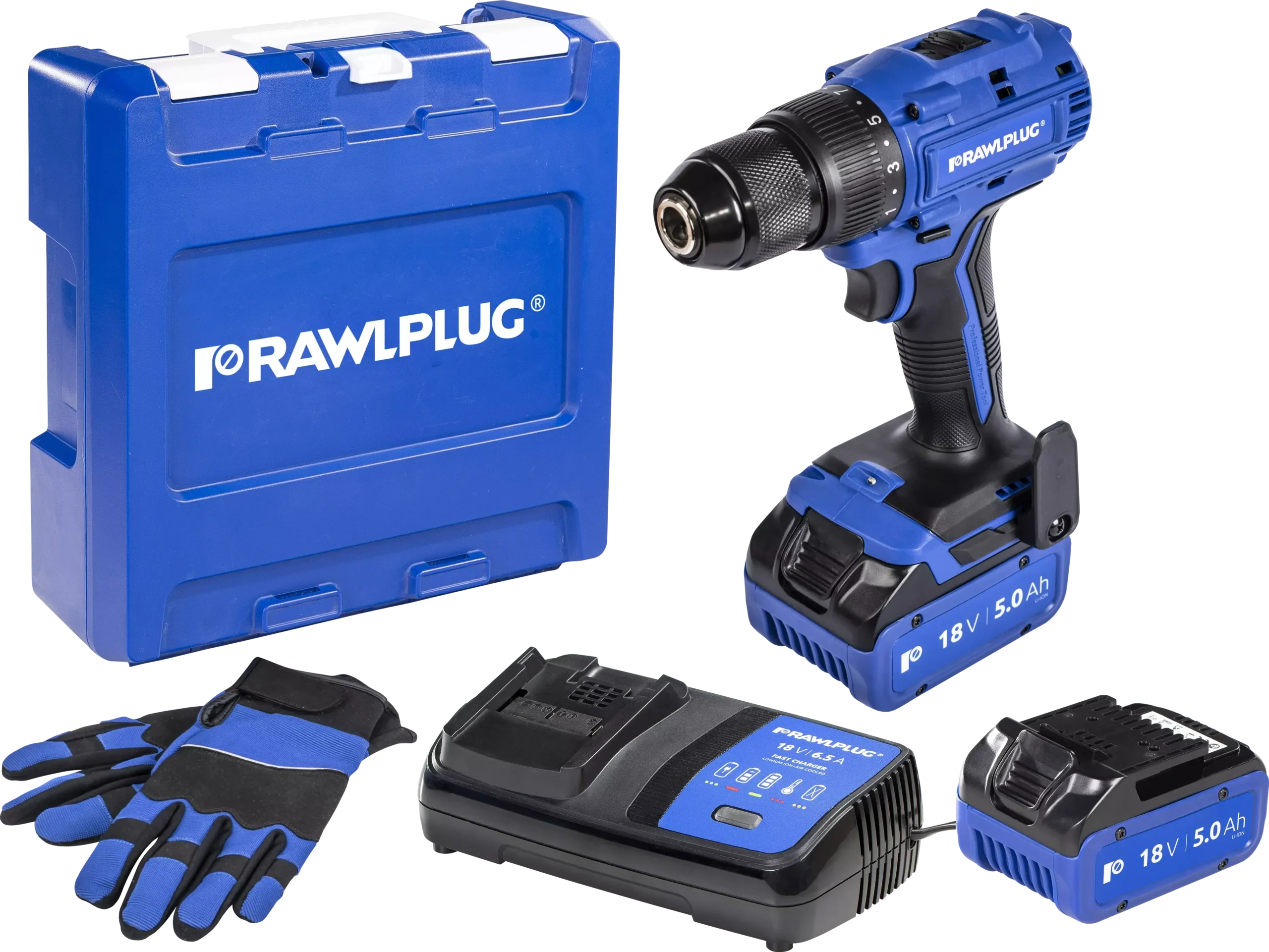 18 V RawlDRIVER 70Nm Akumuliatorinis gręžtuvas, komplektas su RawlCASE, 2 akumuliatoriai 5.0Ah ir 6.5A RawlCHARGER – plastikinis lagaminėlis – 1 vnt.