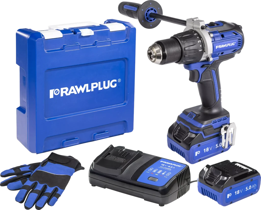 18 V RawlDRIVER Grąžtas/suktuvas su smūgiu 100 Nm 2 akumuliatoriai 5,0 Ah įkroviklis 6,5 A dėklas RawlCASE – plastikinis lagaminėlis – 1 vnt.