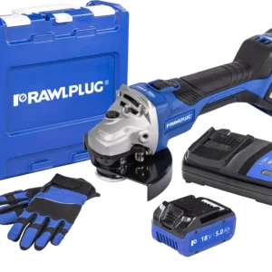 18 V RawlGRINDER 125 mm Kampinis šlifuoklis su greičio reguliavimu, komplektas su RawlCASE, 2 baterijomis 5.0 Ah ir 6.5 A RawlCHARGER su UK kištuku – plastikinis lagaminėlis – 1 vnt.