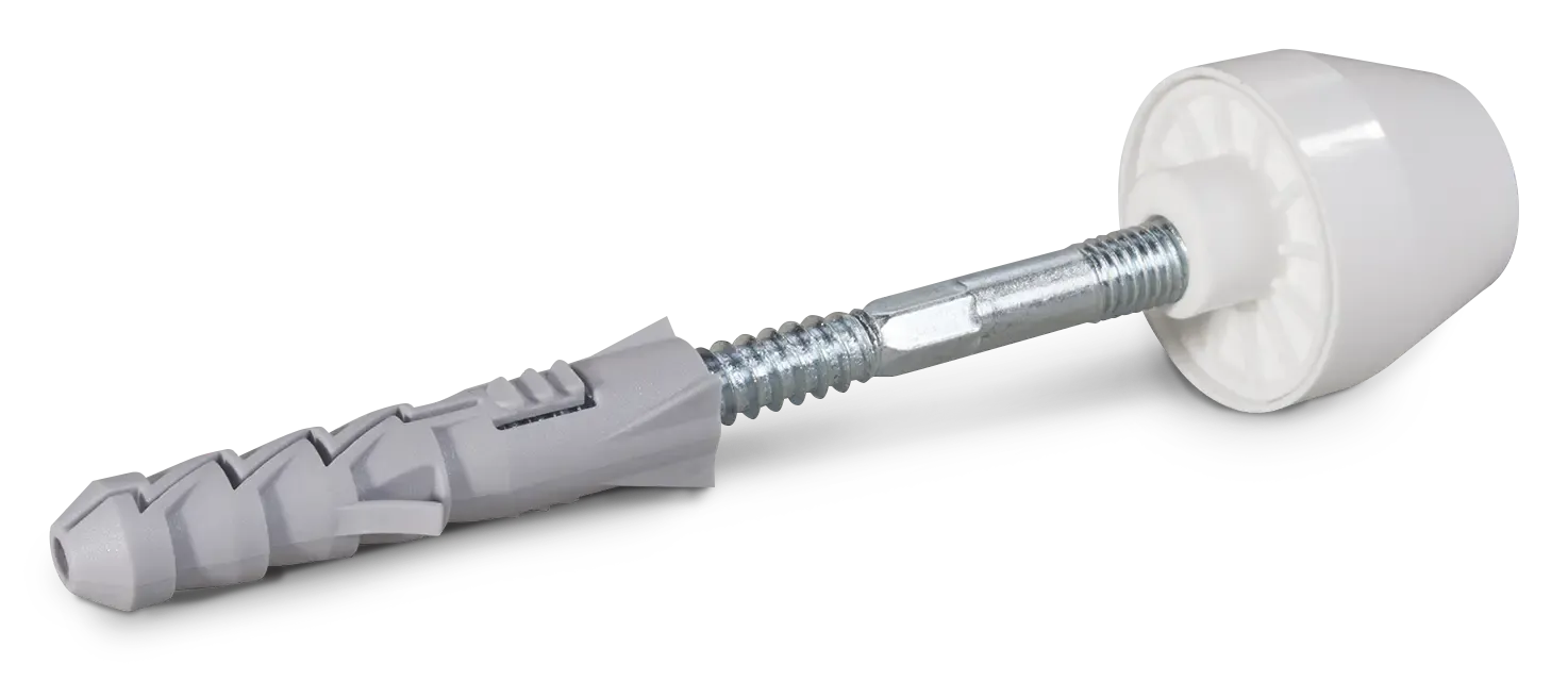 KPU Praustuvo tvirtinimai su baltu maskuojančiu dangteliu, šešiakampiu varžtu 10 × 140 mm – plastikinis maišelis – 2 vnt.