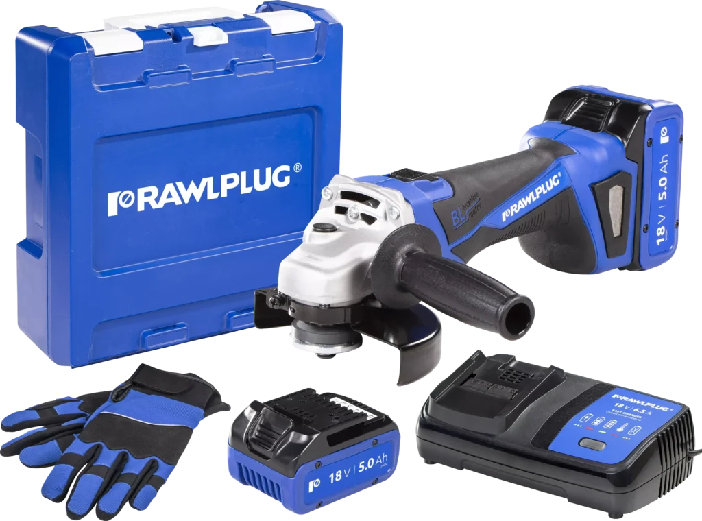 18 V RawlGRINDER Kampinis šlifuoklis 125 mm 2 akumuliatoriai 5,0 Ah įkroviklis 6,5 A dėklas RawlCASE – plastikinis lagaminėlis – 1 vnt.