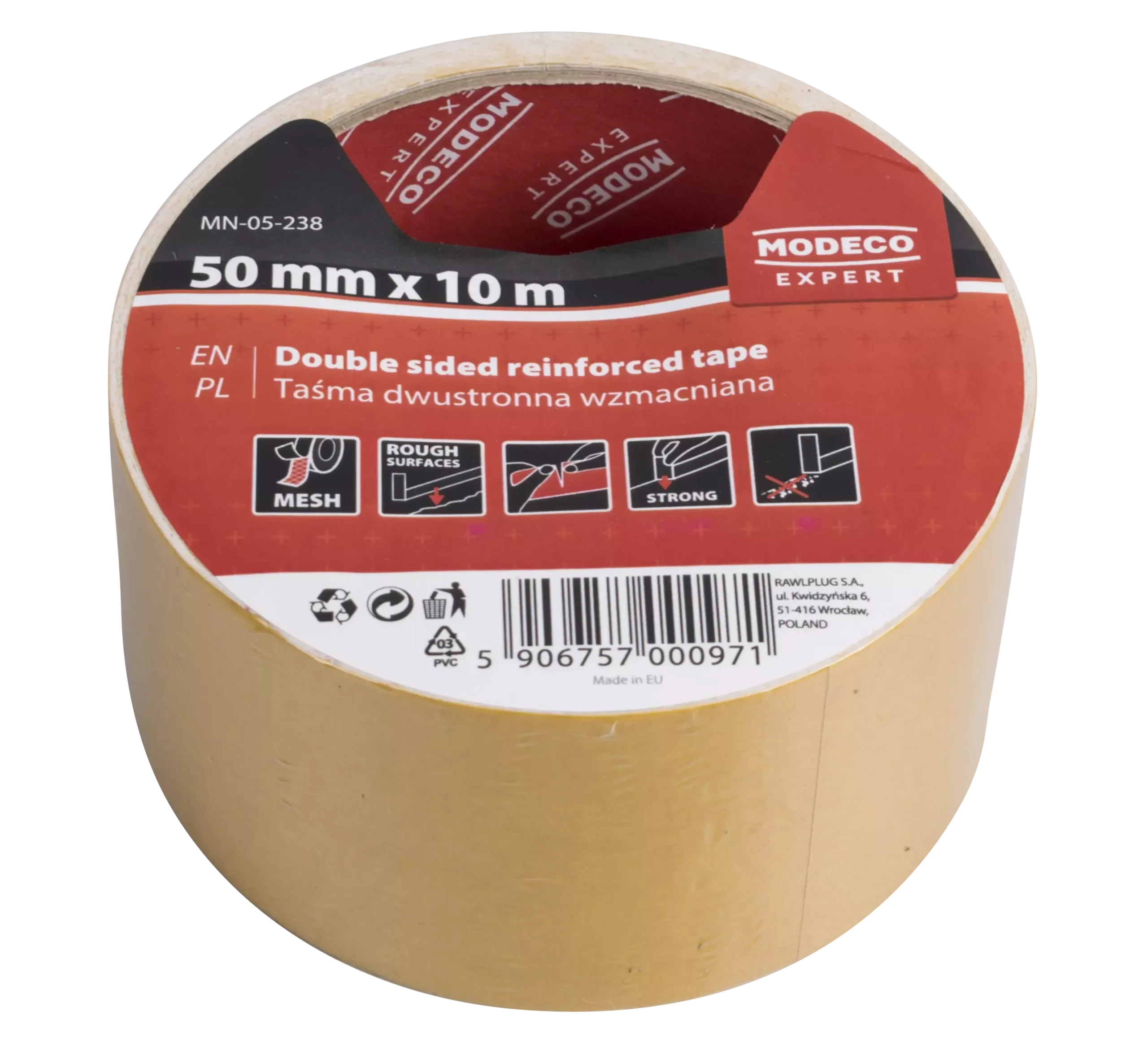 Sustiprinta dvipusė juosta 38 mm x 10m – etiketė – 1 vnt.