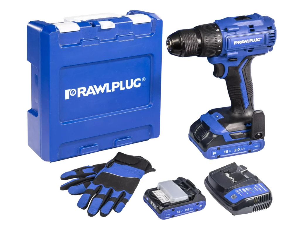18 V RawlDRIVER 70Nm Akumuliatorinis gręžtuvas, komplektas su RawlCASE, 2 akumuliatoriais 2.0 Ah, 1,5A RawlCHARGER, UK kaištis – plastikinis lagaminėlis – 1 vnt.