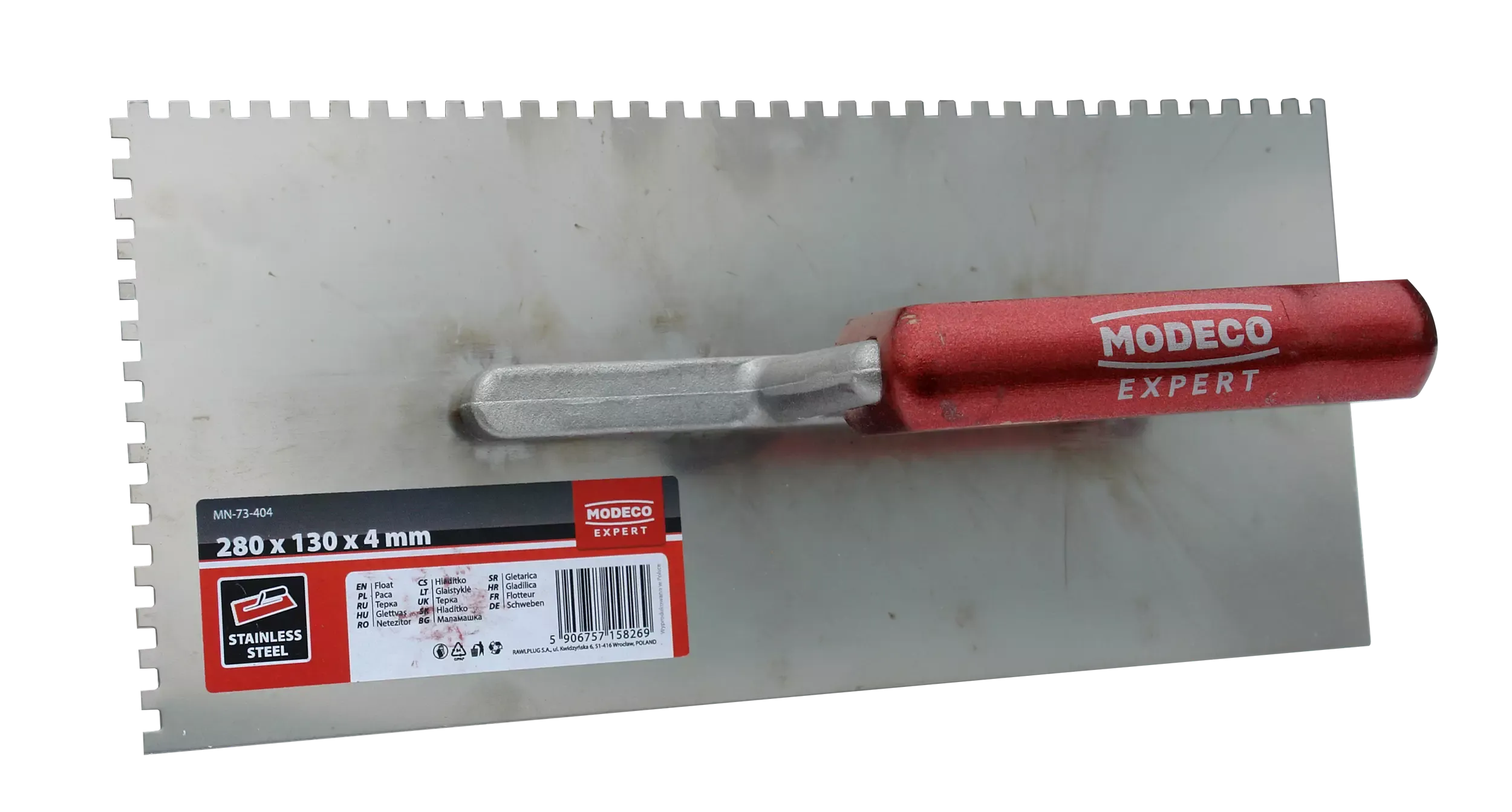 Nerūdijančio plieno mentele, dantukas 280 × 130 × 8 mm, medinė rankena – etiketė – 1 vnt. - Image 2