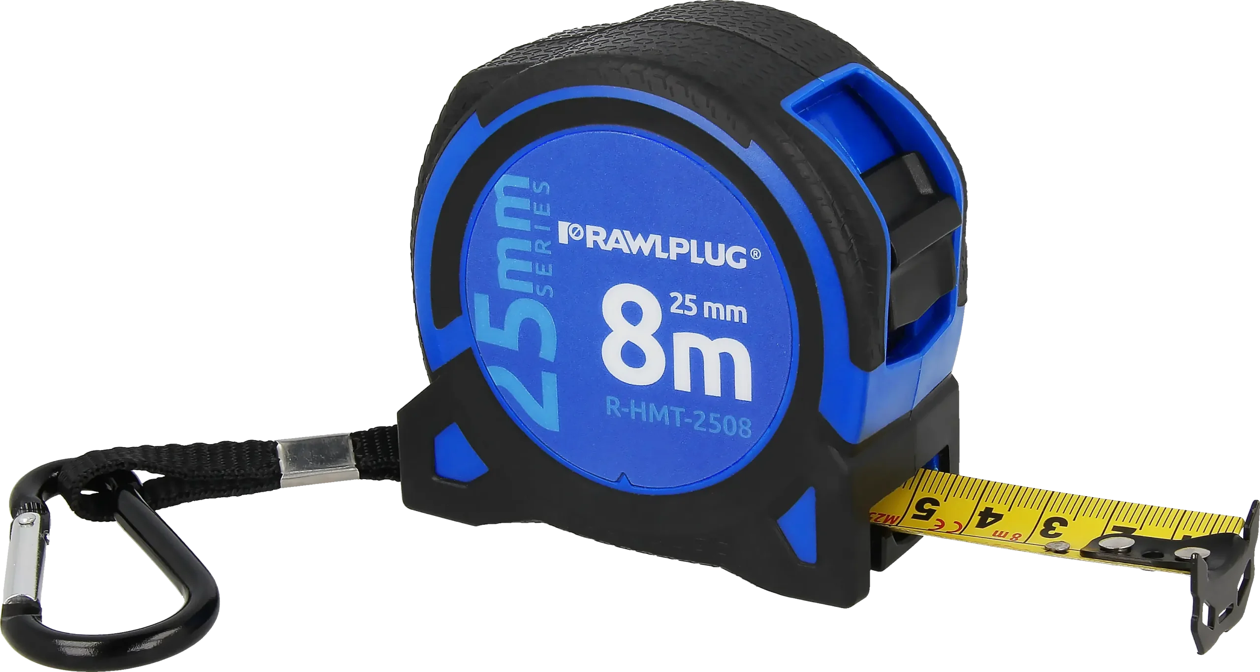 R-HMT neapdorota juosta, 25 mm, 8m serija metrinė ir imperinė – plastikinė pakabinama pakuotė – 1 vnt.
