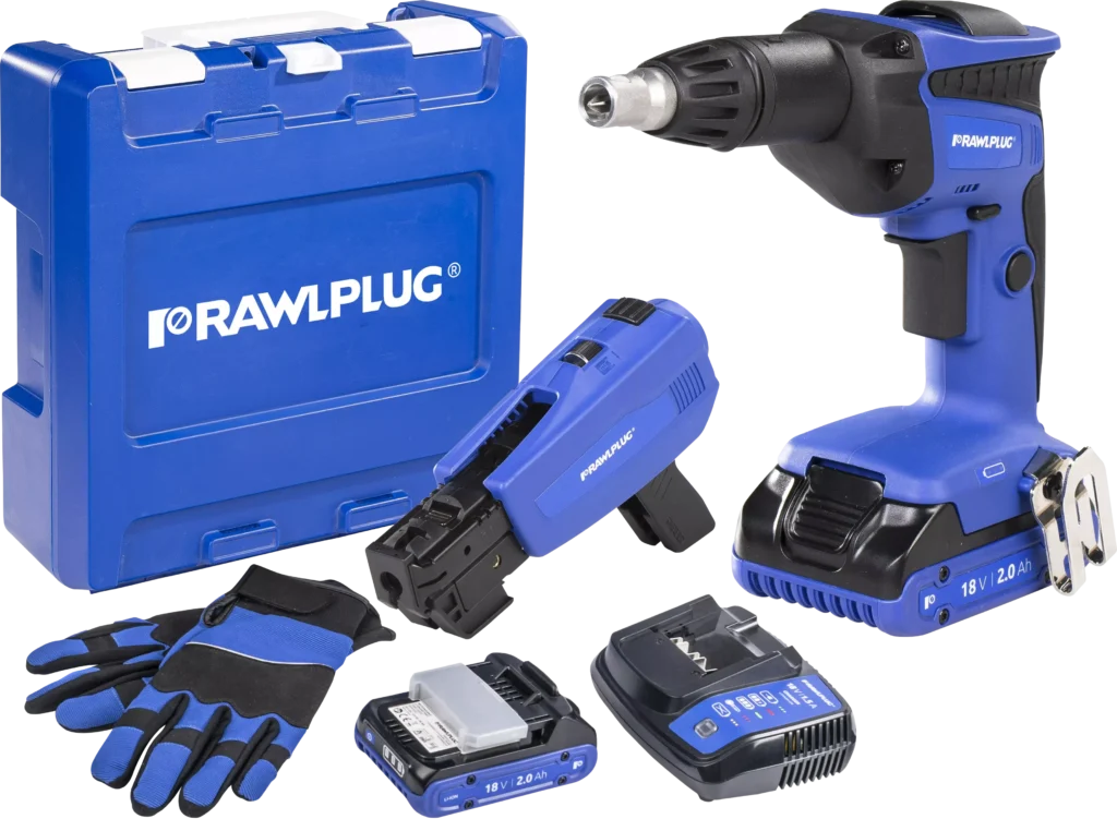 18 V RawlDRIVER Gipso kartono atsuktuvas, 2 akumuliatoriai 2,0 Ah įkroviklis 1,5 Sraigtinis tiektuvas RawlCASE lagaminas – plastikinis lagaminėlis – 1 vnt.