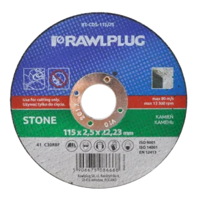 Korundo šlifavimo diskai akmeniui pjauti 115 × 2,5 × 22,23 mm – kartoninė dėžė – 25 vnt.