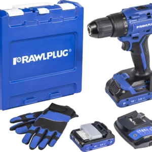 18 V RawlDRIVER 55Nm Akumuliatorinis gręžtuvas, komplektas su RawlCASE, 2 akumuliatoriais 2.0 Ah, 1.5A RawlCHARGER su UK kištuku – plastikinis lagaminėlis – 1 vnt.