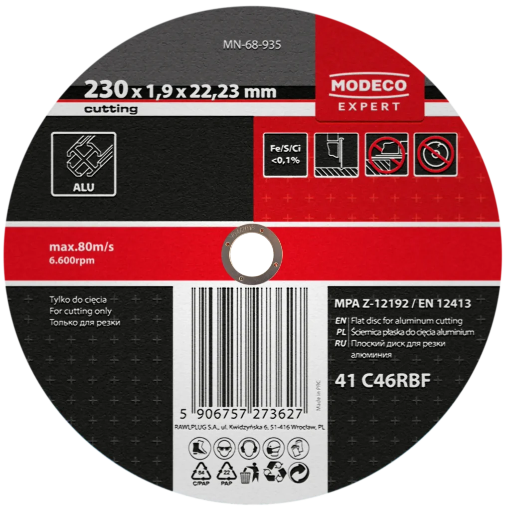 230 × 1,9 × 22,23 mm plokščias aliuminio pjovimo diskas – kartoninė dėžė – 25 vnt.