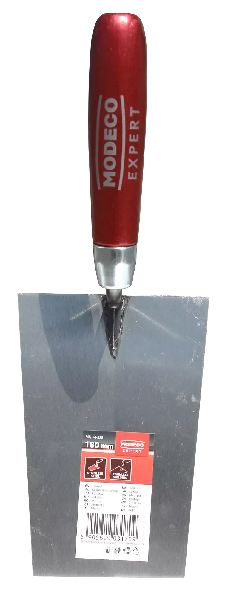 Trapecijos formos nerūdijančio plieno mentele 180 mm, grūdintas ir suvirintas – etiketė – 1 vnt.