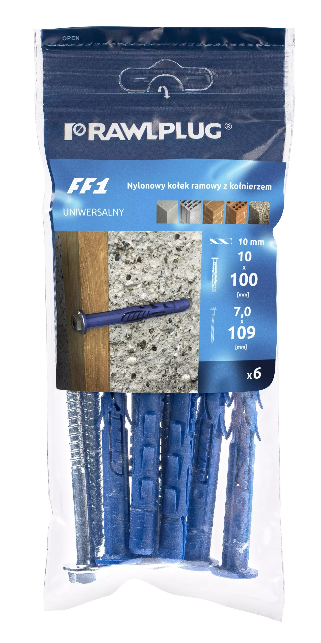 Nailono rėmo tvirtinimas su apykakle šešiabriaune galvute R-FF1-N-K - cinkuotas 10 × 100 mm – plastikinis maišelis – 6 vnt. - Image 3