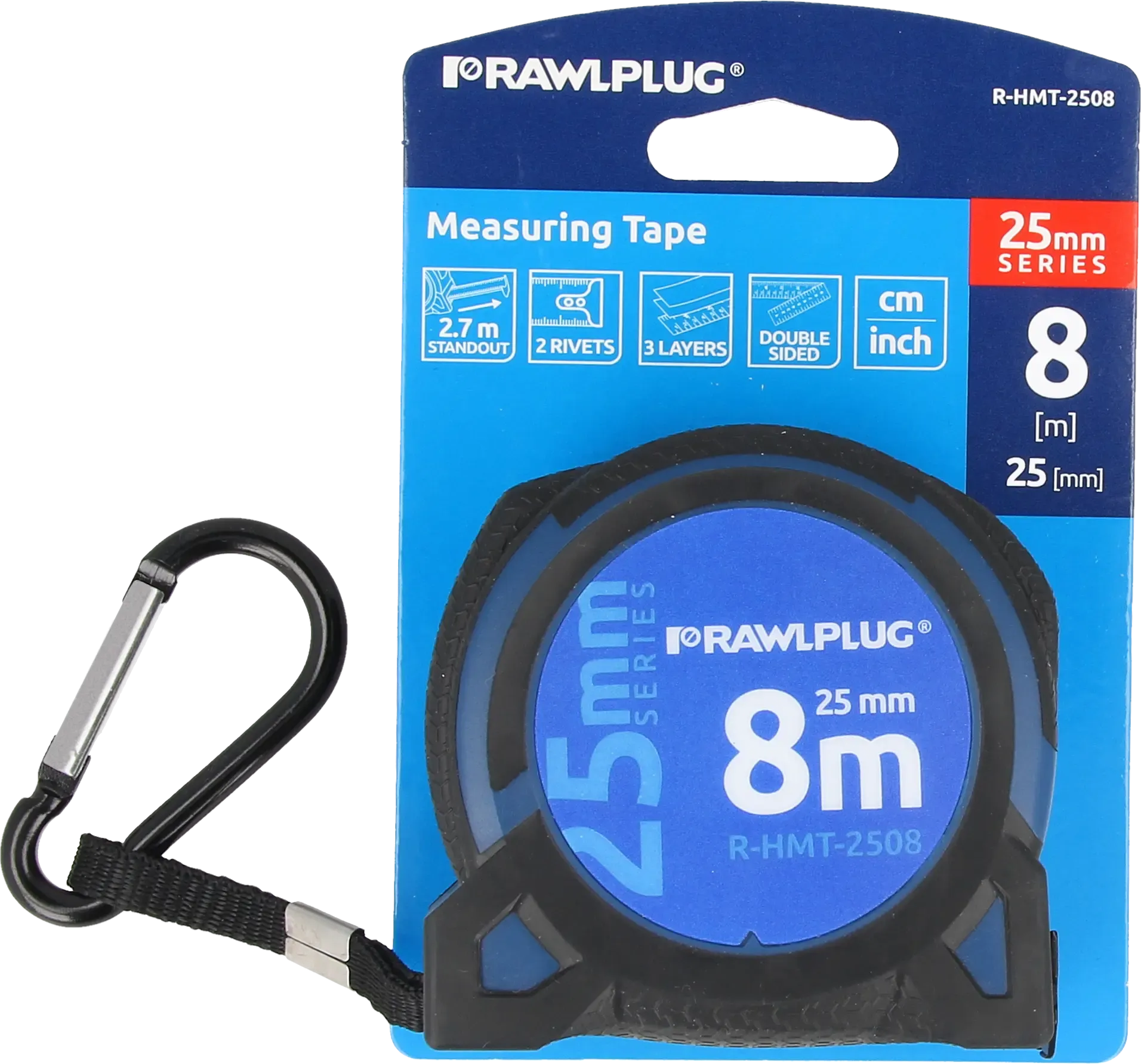 R-HMT neapdorota juosta, 25 mm, 8m serija metrinė ir imperinė – plastikinė pakabinama pakuotė – 1 vnt. - Image 3